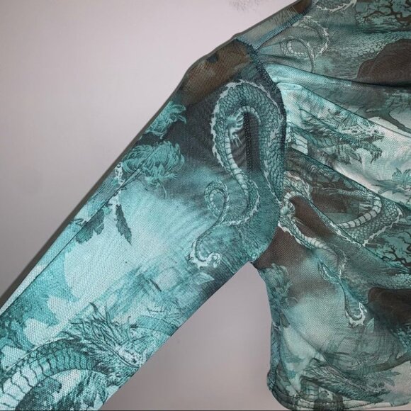 PrettyLittleThing Crop Top Size 4 Emerald Long Sleeve Chinese Dragon Mesh Ruched - Picture 5 of 8